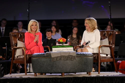 The annual Fall Convocation at College of the Ozarks is held in The Howell W. Keeter Gymnasium tonight, taking the form of a fireside chat. Bream is joined on stage by Laura Lacey Johnson, First Lady of the College, who serves as interviewer.
